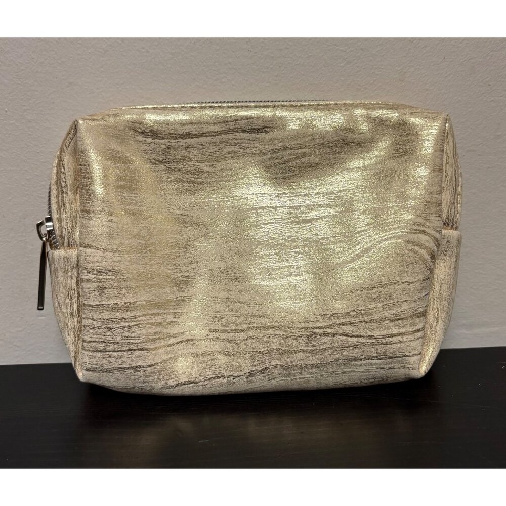 Bare Mineral Gold Shimmery Wood Grain Zip Cosmetic Makeup Case Bag BareMinerals